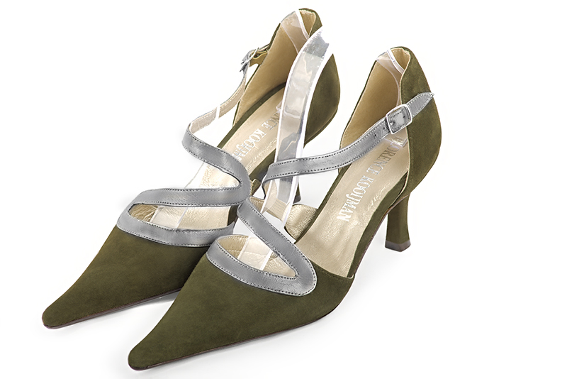 Khaki green and dove grey women's open side shoes, with snake-shaped straps. Pointed toe. High slim heel. Front view - Florence KOOIJMAN